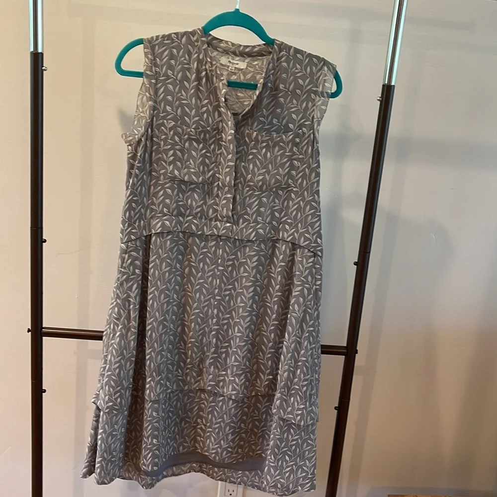 Madewell Sleeveless Button Front Leaf Print Shift Midi Dress Fully Lined Grey 2 - Picture 5 of 11